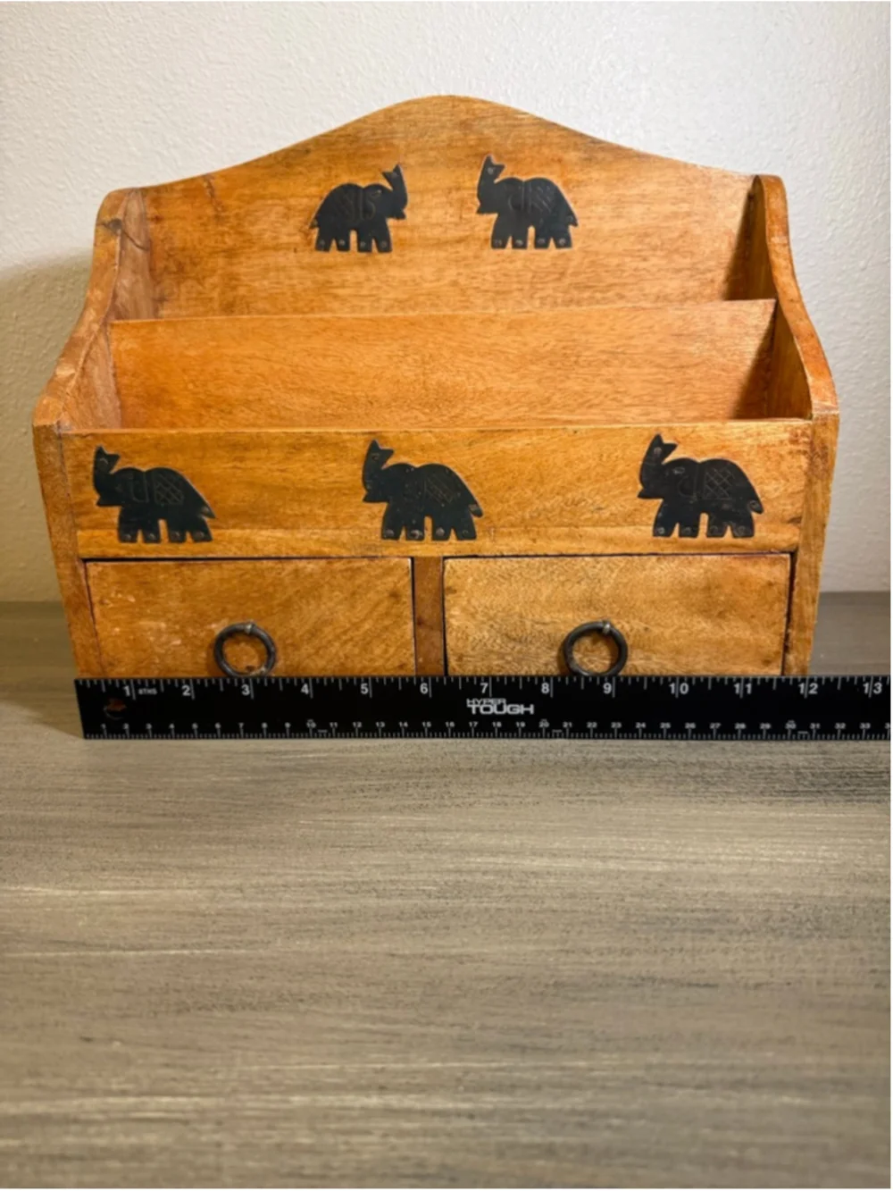 MCM East Asian/Indian bohemian style desk organizer metal elephants